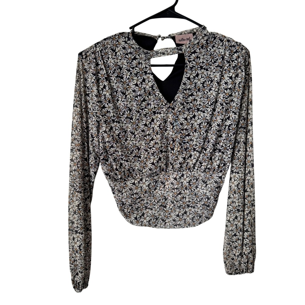 Willow + Root Womens Black Daisy Floral Mesh Long Sleeve Mock Neck Top Small‎